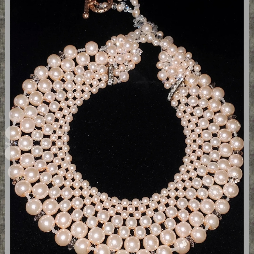 Glass pearl, crystal, and moonstone handmade beaded bib collar necklace